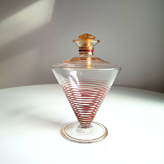 Midcentury Atomic Cocktail Set of Spiral Inverted Conus Decanter & 3 Glasses: Bohemia 1950s