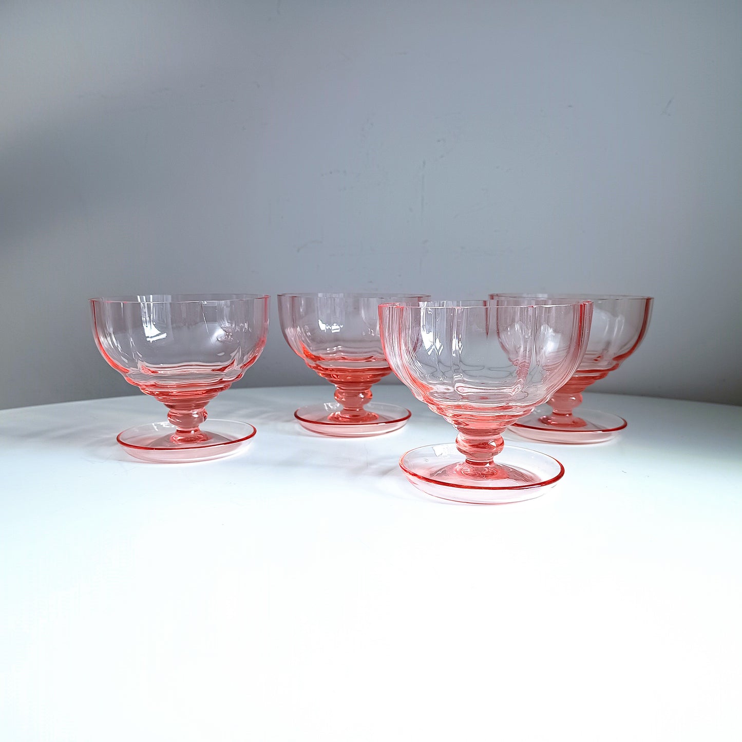 Midcentury Hand-Blown Selenium Glass Ice-cream Bowls: Peach Pink Fine Crystal, European