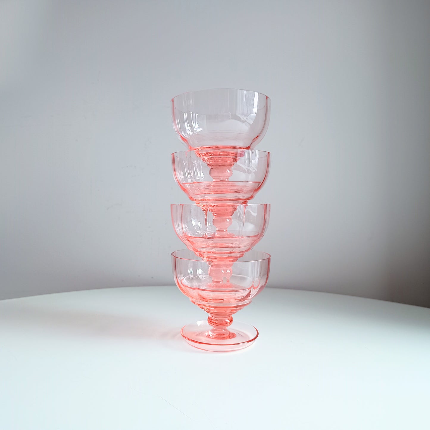 Midcentury Hand-Blown Selenium Glass Ice-cream Bowls: Peach Pink Fine Crystal, European