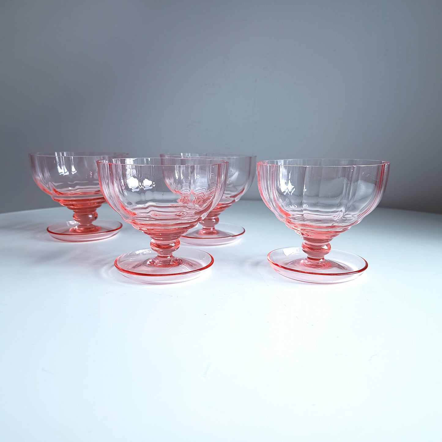 Midcentury Hand-Blown Selenium Glass Ice-cream Bowls: Peach Pink Fine Crystal, European