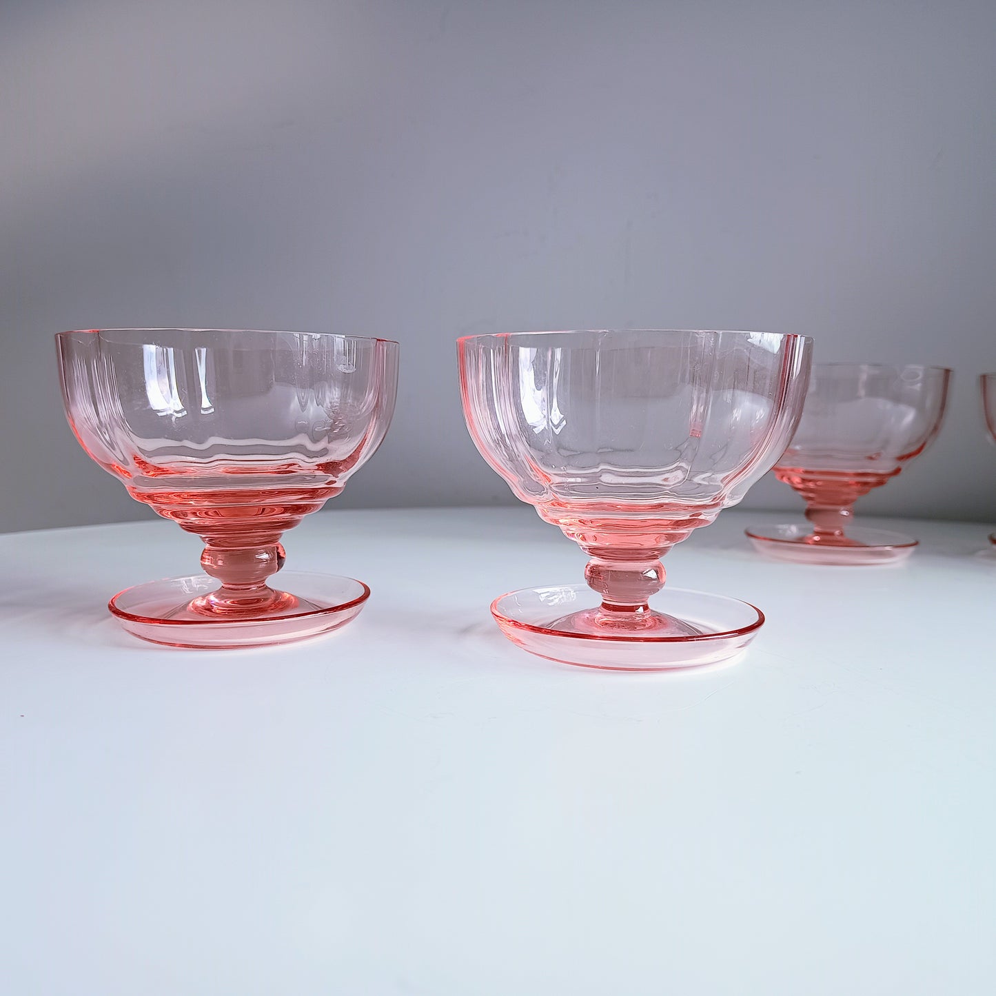 Midcentury Hand-Blown Selenium Glass Ice-cream Bowls: Peach Pink Fine Crystal, European