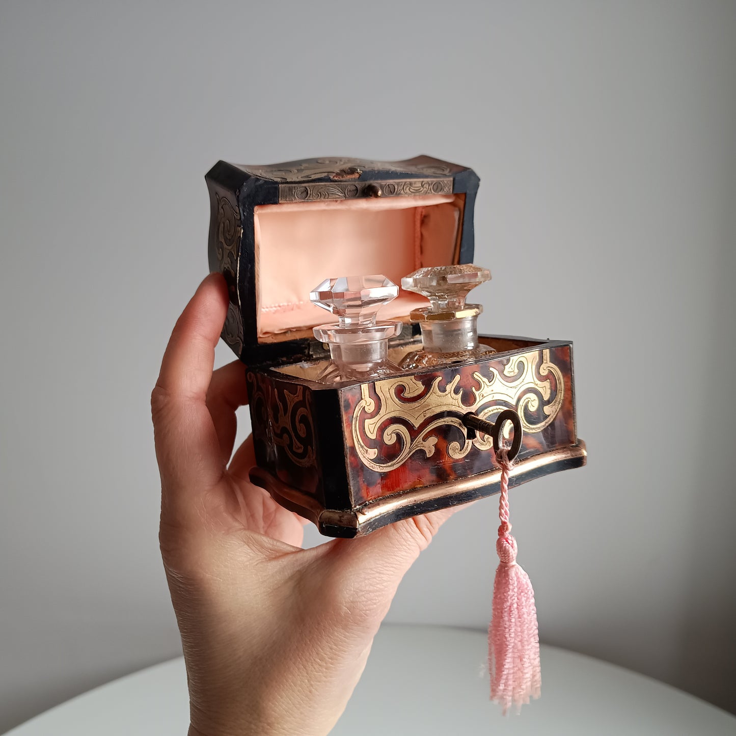 Antique French Palais Royale Perfume Bottle Casket: Boulle Style, Baccarat, France 19th cent