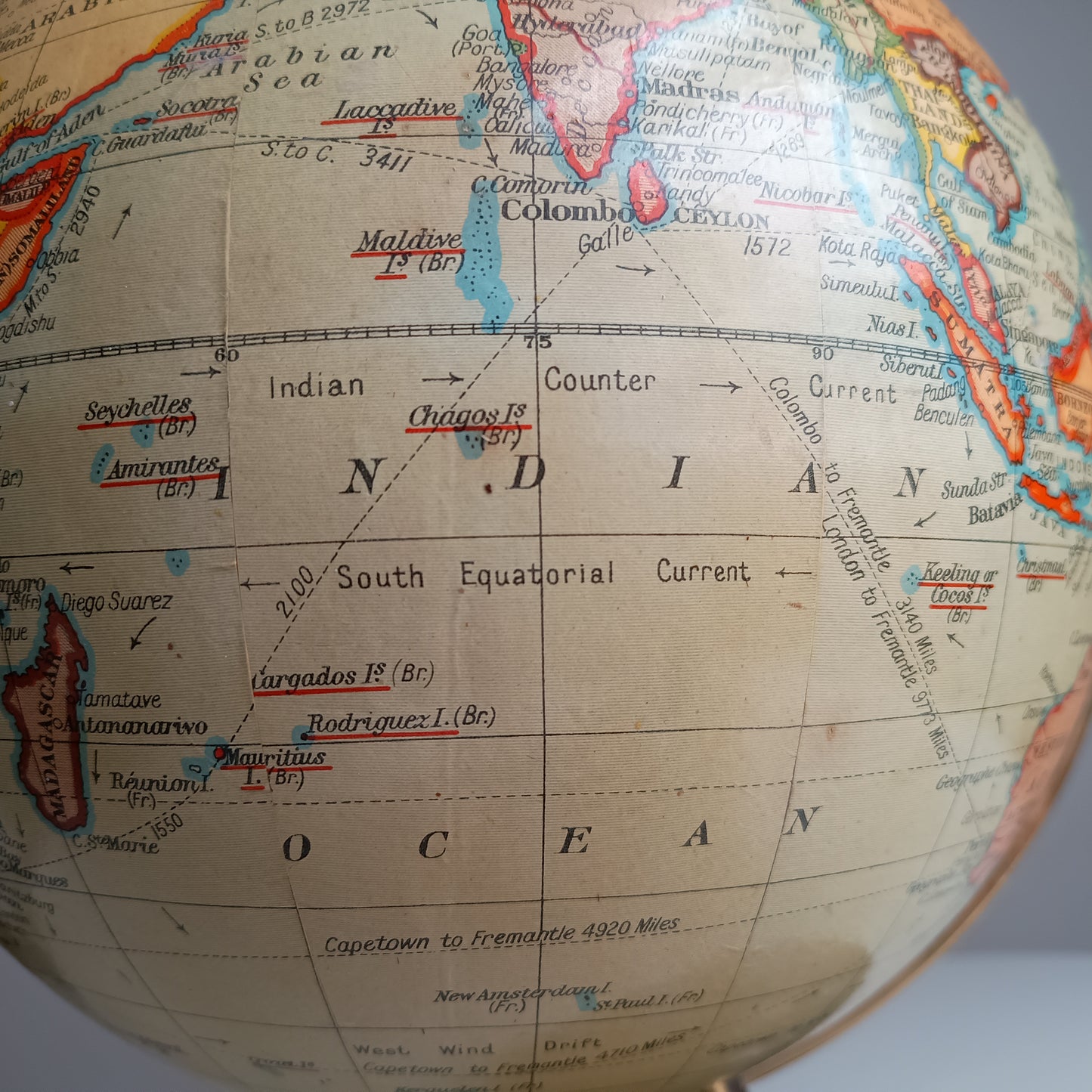 Art Deco Geographia 1947 10 Inch Globe: Final Year Of British Raj, Bakelite Jelly Mold Base, Steamer Routes