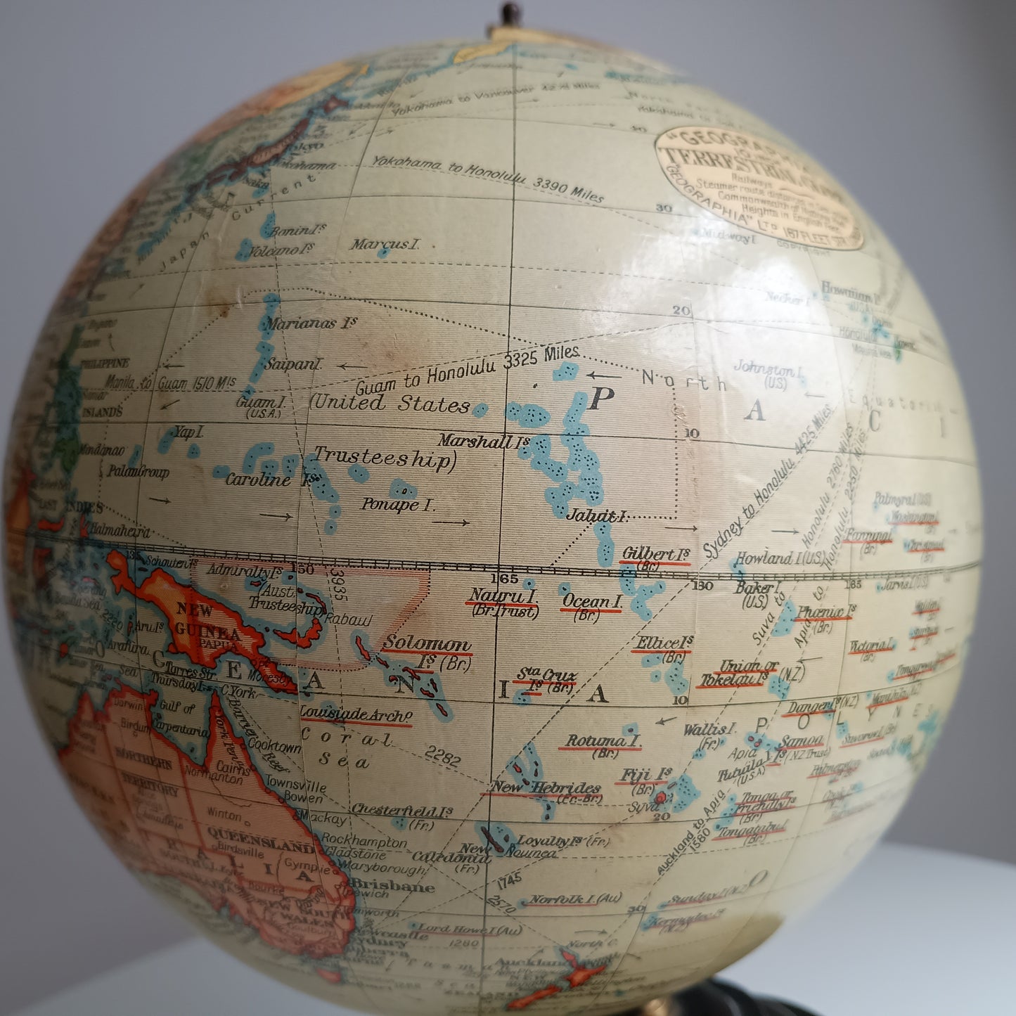 Art Deco Geographia 1947 10 Inch Globe: Final Year Of British Raj, Bakelite Jelly Mold Base, Steamer Routes