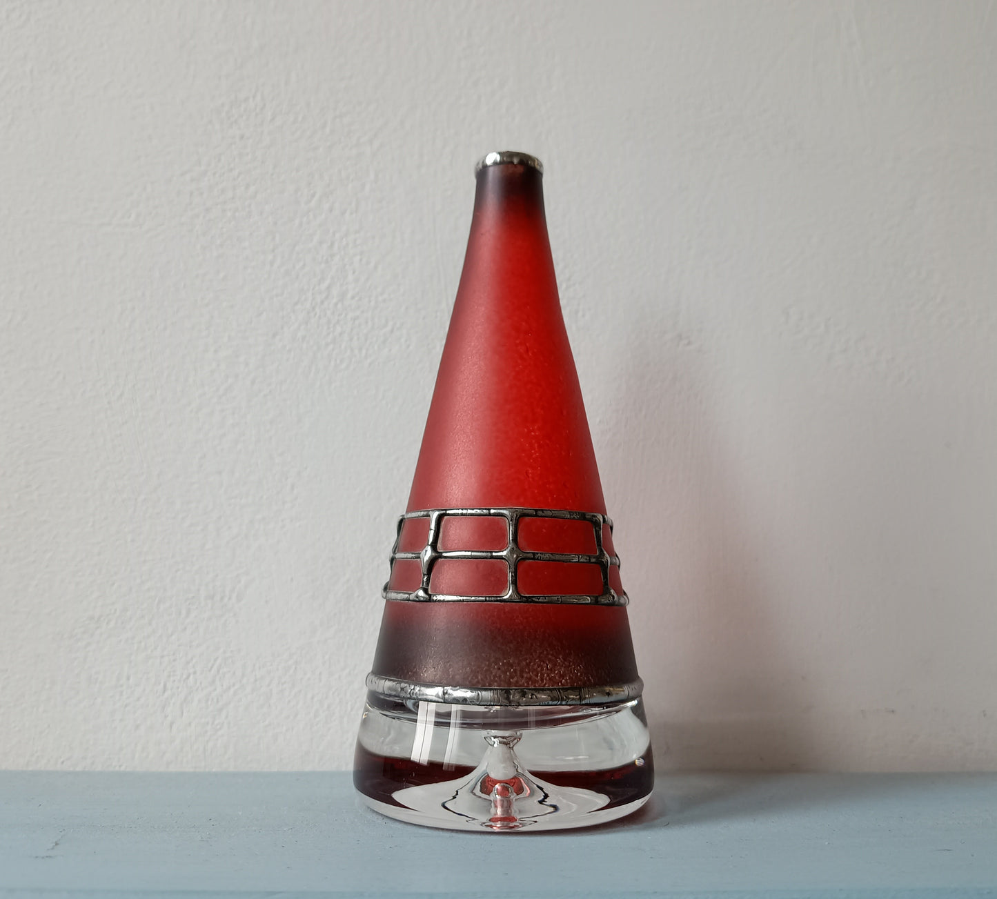 Sculptural Art Glass Vase by Miracle: Silver Overlay, Controlled Base Bubble, Czech Bohemia