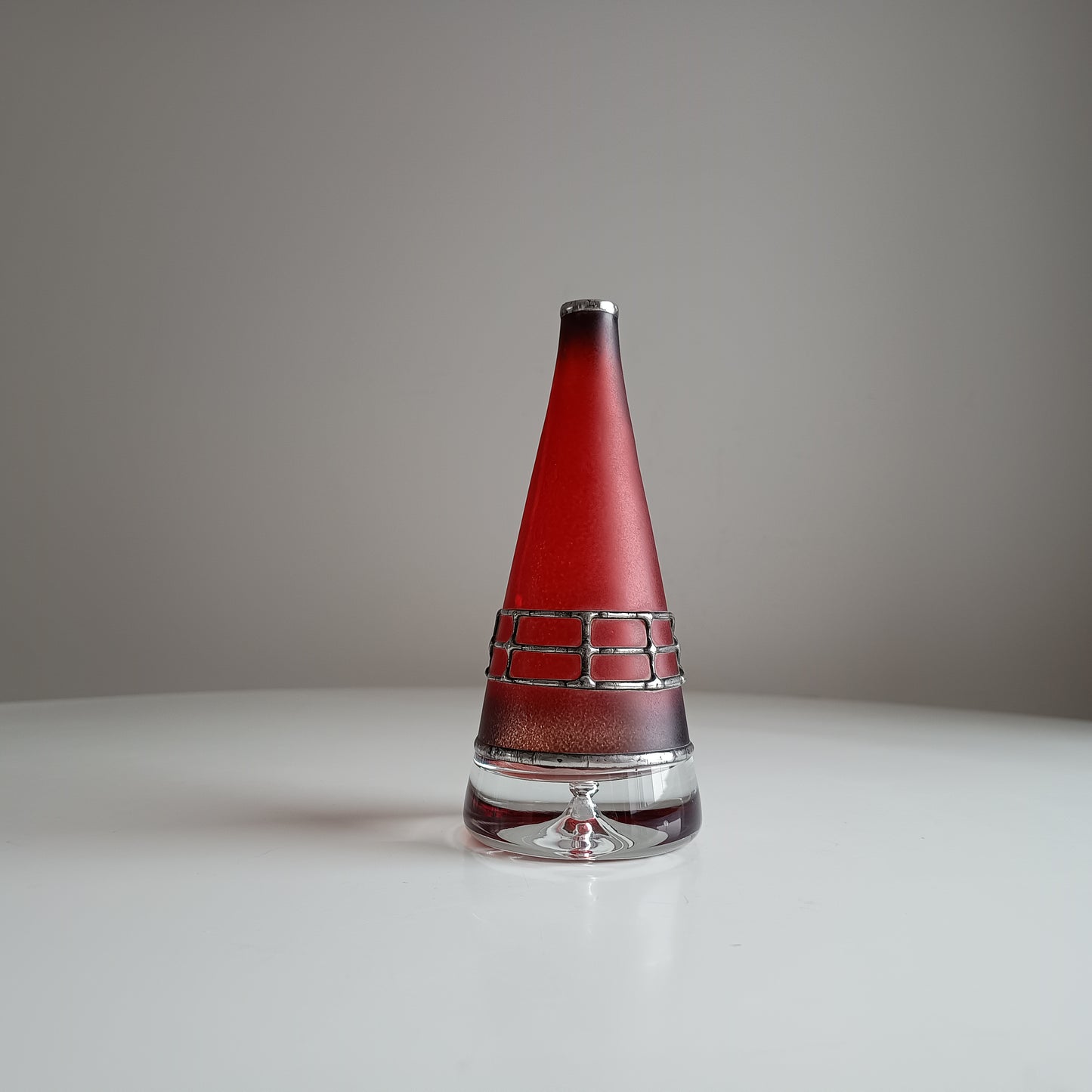 Sculptural Art Glass Vase by Miracle: Silver Overlay, Controlled Base Bubble, Czech Bohemia