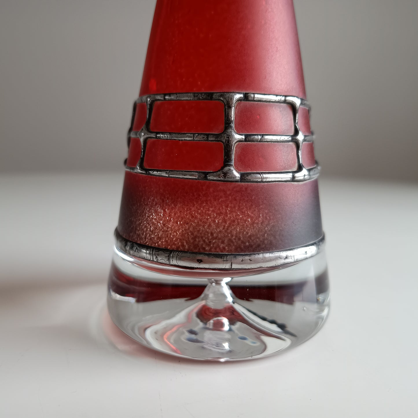 Sculptural Art Glass Vase by Miracle: Silver Overlay, Controlled Base Bubble, Czech Bohemia