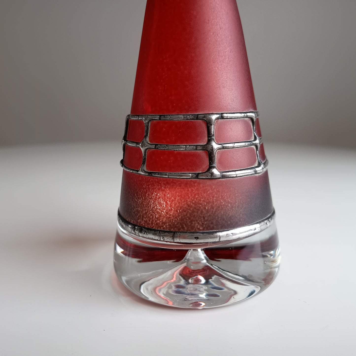 Sculptural Art Glass Vase by Miracle: Silver Overlay, Controlled Base Bubble, Czech Bohemia