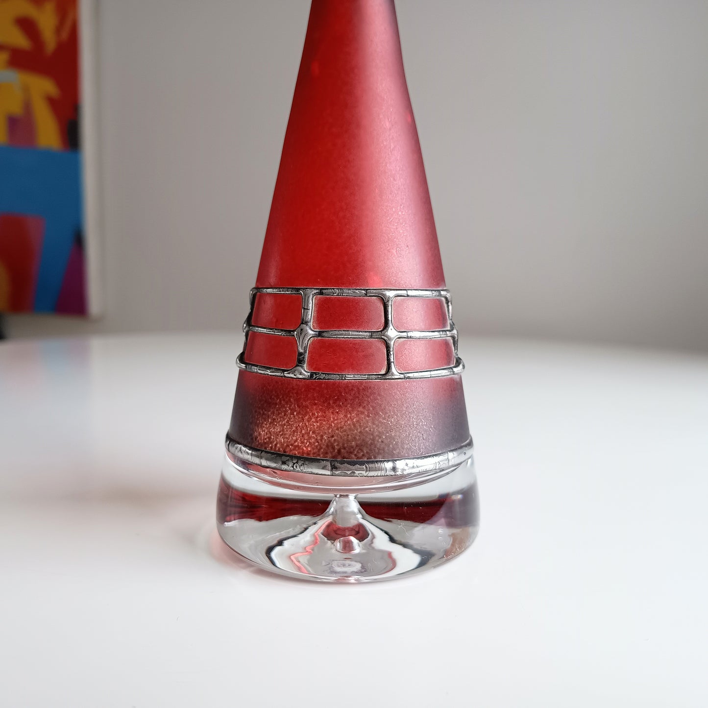 Sculptural Art Glass Vase by Miracle: Silver Overlay, Controlled Base Bubble, Czech Bohemia