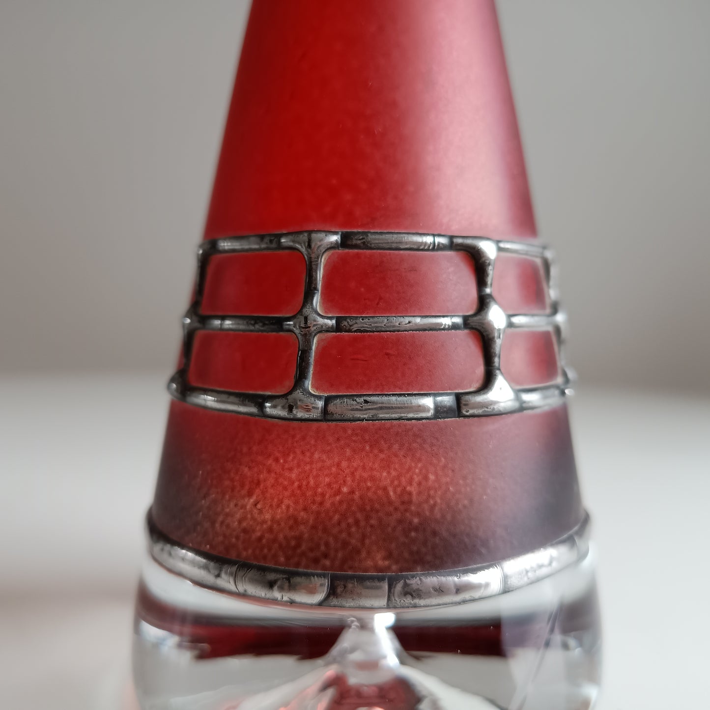 Sculptural Art Glass Vase by Miracle: Silver Overlay, Controlled Base Bubble, Czech Bohemia