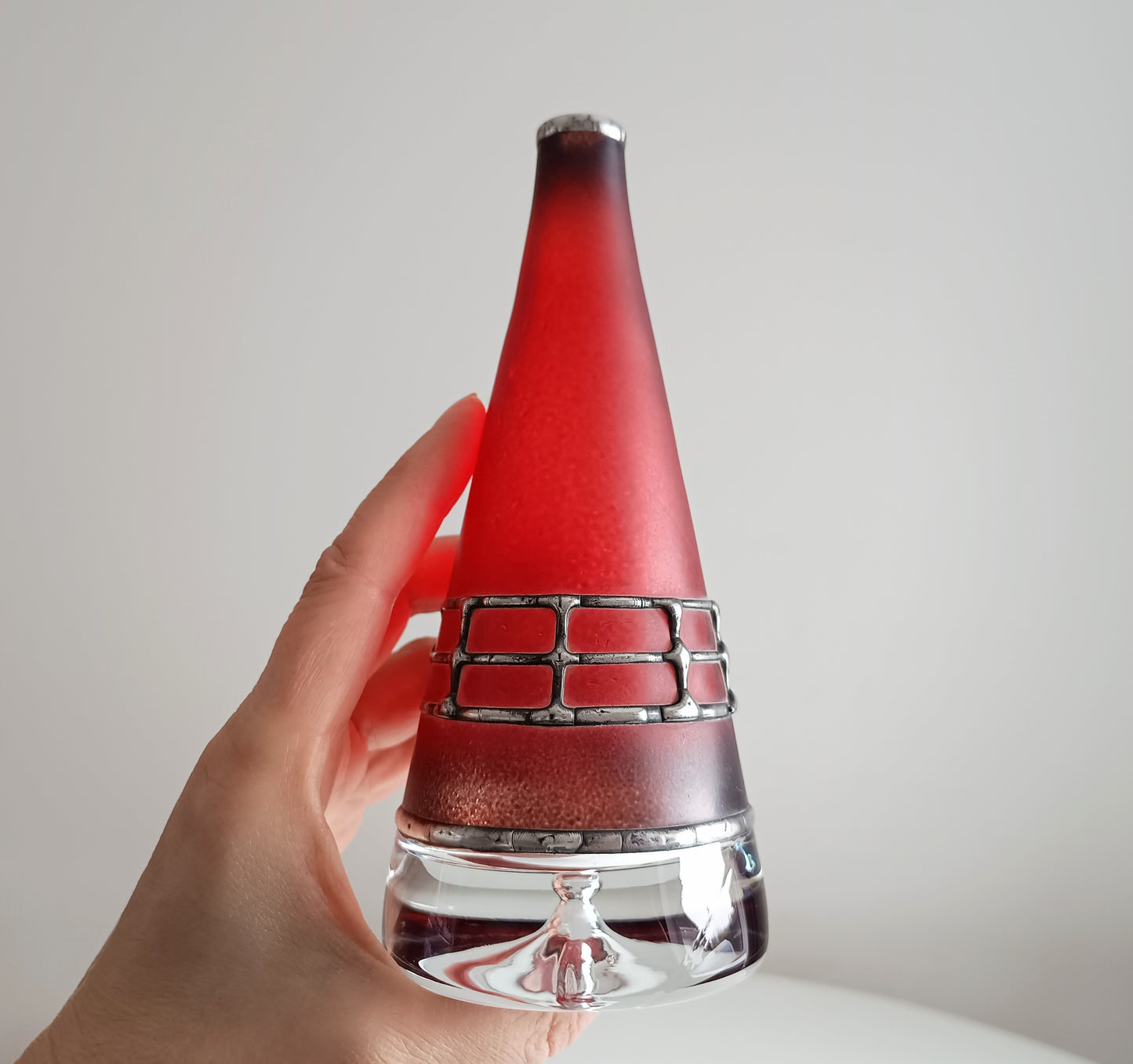 Sculptural Art Glass Vase by Miracle: Silver Overlay, Controlled Base Bubble, Czech Bohemia
