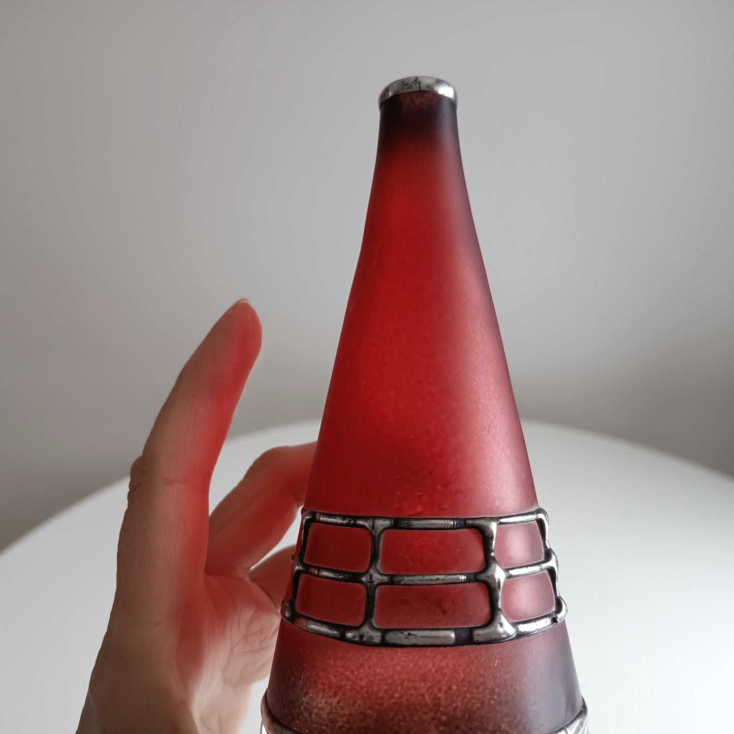 Sculptural Art Glass Vase by Miracle: Silver Overlay, Controlled Base Bubble, Czech Bohemia