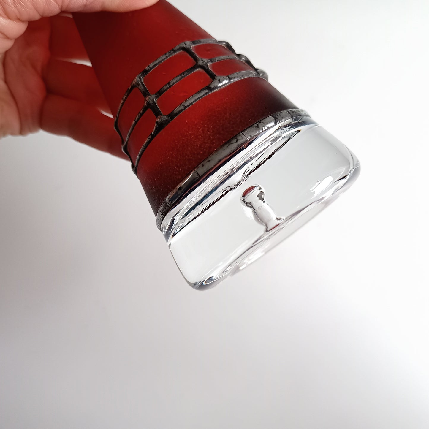 Sculptural Art Glass Vase by Miracle: Silver Overlay, Controlled Base Bubble, Czech Bohemia