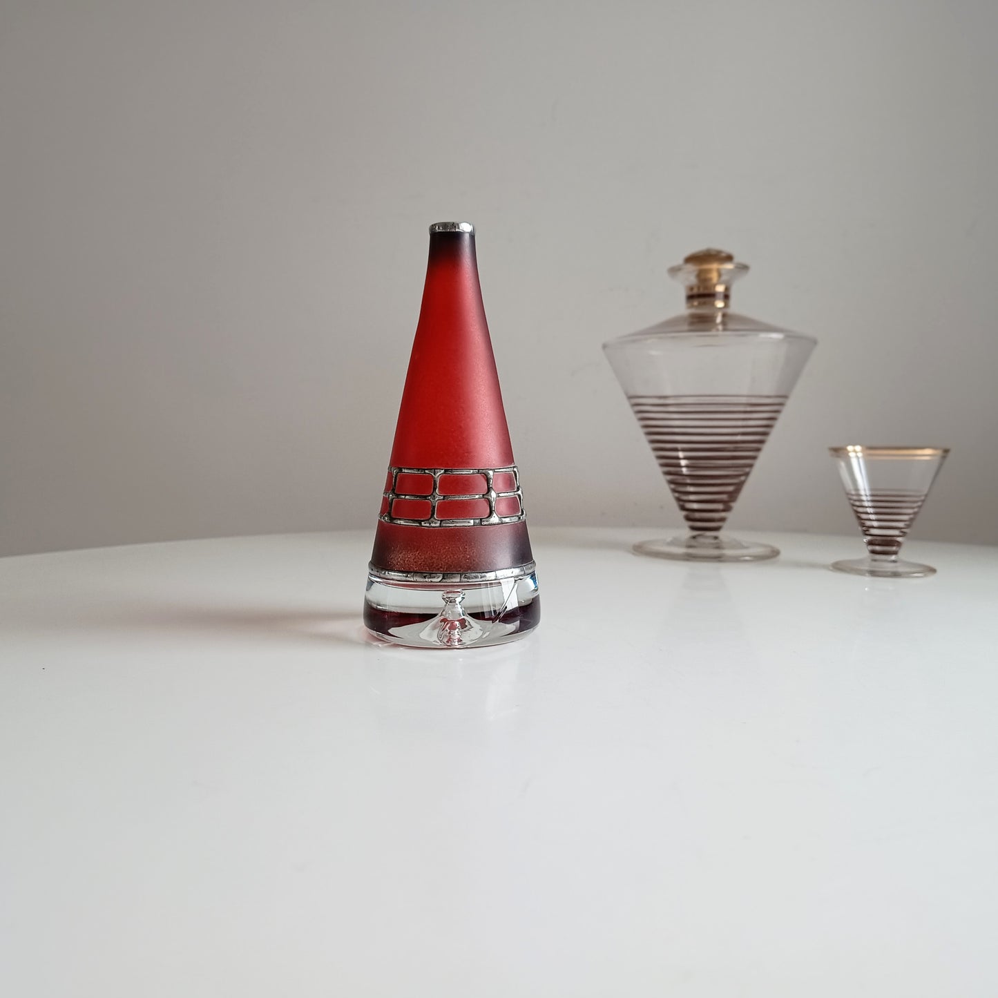Sculptural Art Glass Vase by Miracle: Silver Overlay, Controlled Base Bubble, Czech Bohemia