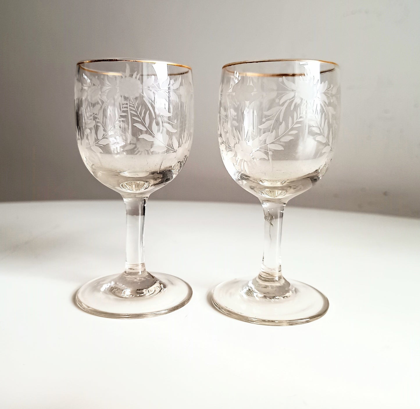 Antique French Aperitif Drinks Service: Tray, Tazza & 2 Glasses: Engraved Garlands, Gilt Decor, Belle Epoque