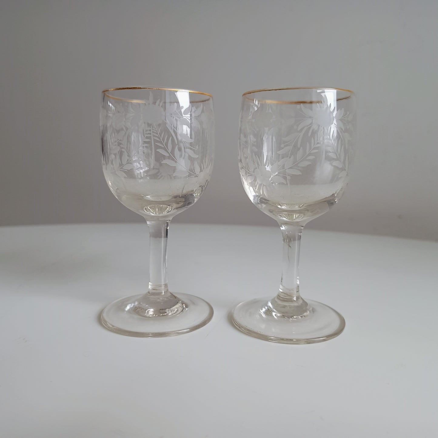 Antique French Aperitif Drinks Service: Tray, Tazza & 2 Glasses: Engraved Garlands, Gilt Decor, Belle Epoque