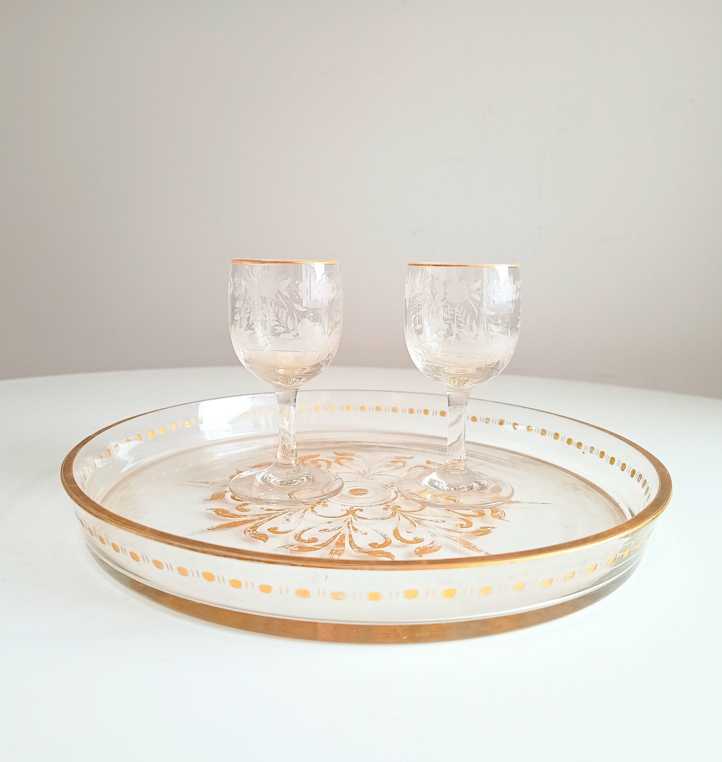 Antique French Aperitif Drinks Service: Tray, Tazza & 2 Glasses: Engraved Garlands, Gilt Decor, Belle Epoque
