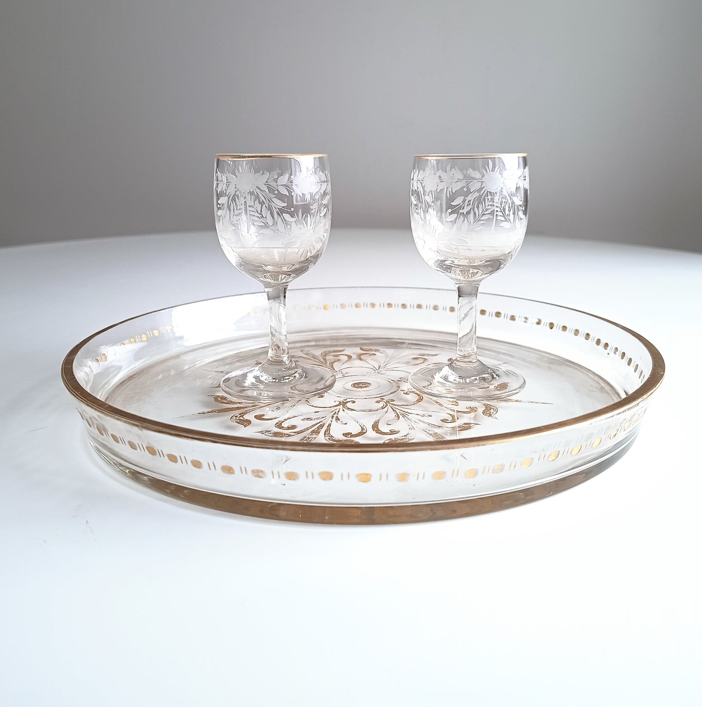 Antique French Aperitif Drinks Service: Tray, Tazza & 2 Glasses: Engraved Garlands, Gilt Decor, Belle Epoque