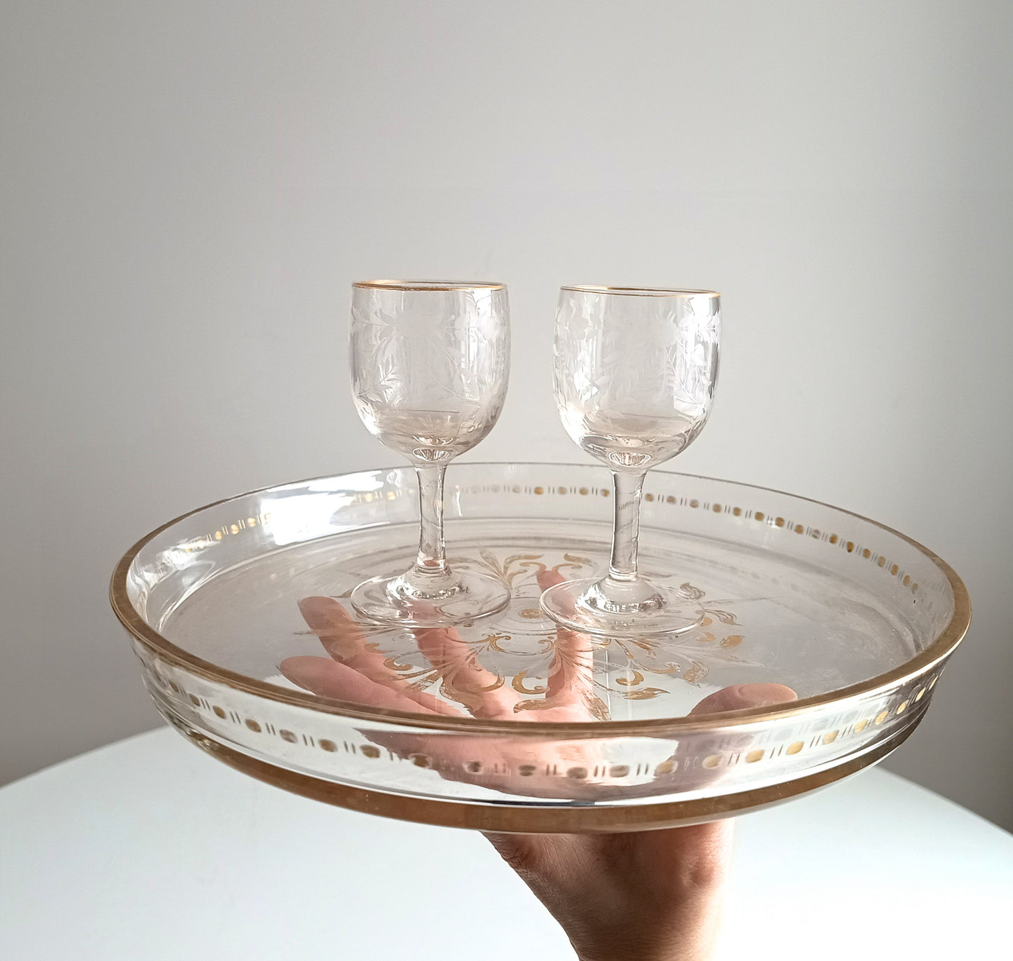 Antique French Aperitif Drinks Service: Tray, Tazza & 2 Glasses: Engraved Garlands, Gilt Decor, Belle Epoque