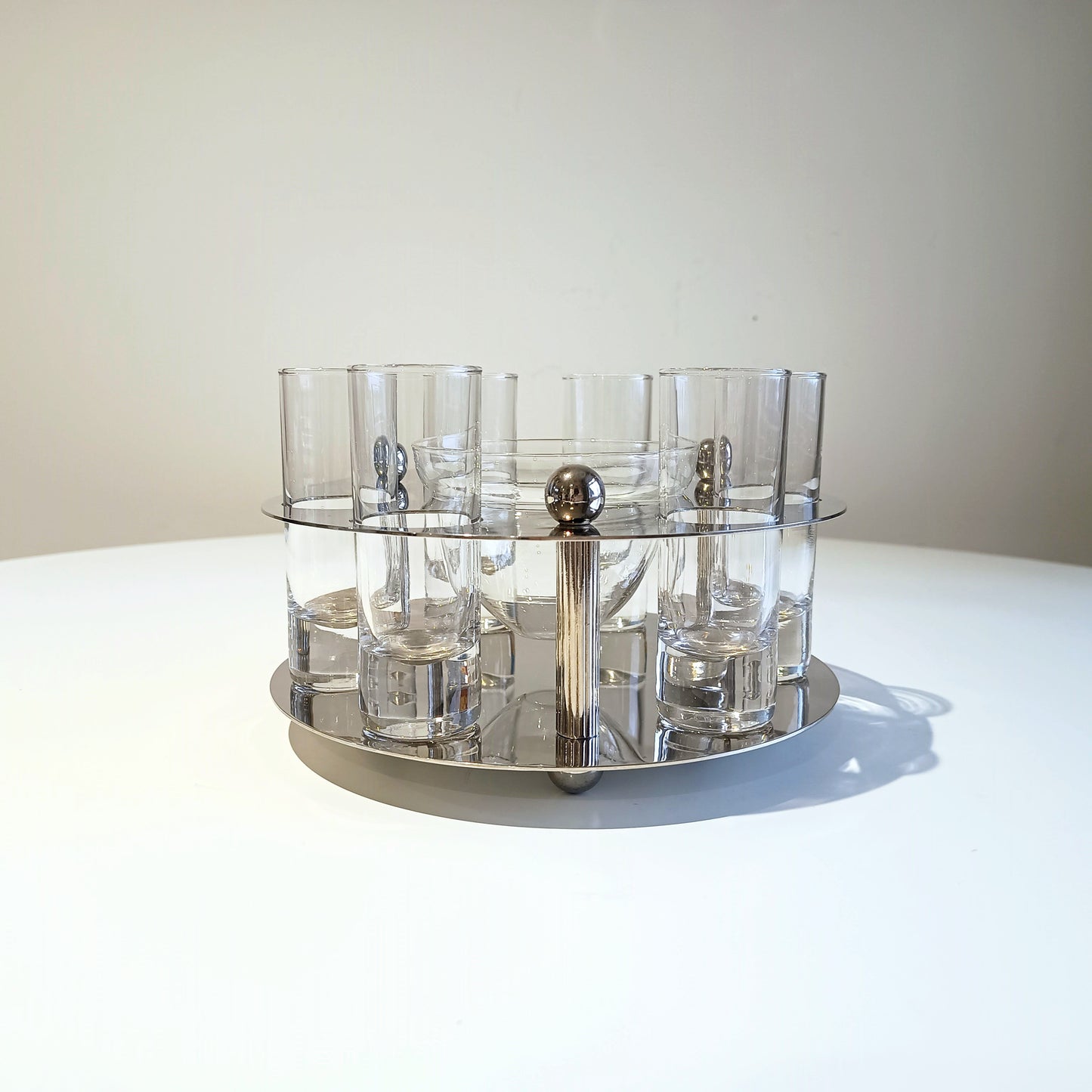 Midcentury Modernist Silver Plate Caviar Server & Crystal Shot Glasses, Midcentury France