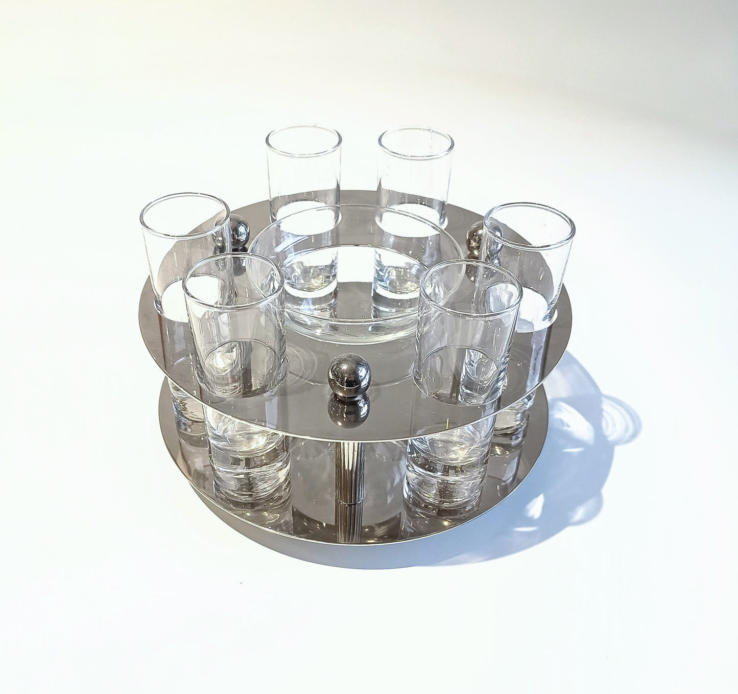 Midcentury Modernist Silver Plate Caviar Server & Crystal Shot Glasses, Midcentury France