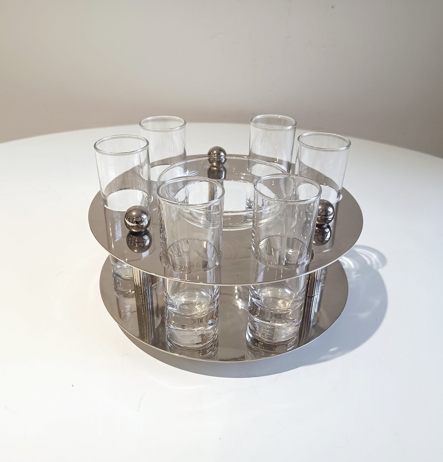 Midcentury Modernist Silver Plate Caviar Server & Crystal Shot Glasses, Midcentury France