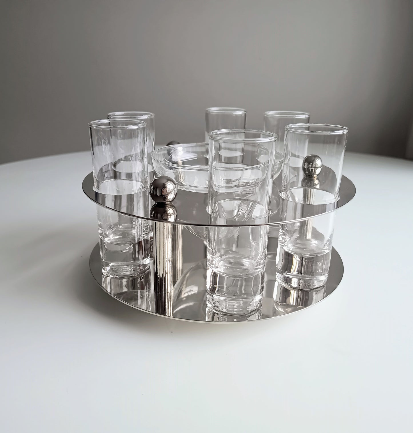 Midcentury Modernist Silver Plate Caviar Server & Crystal Shot Glasses, Midcentury France