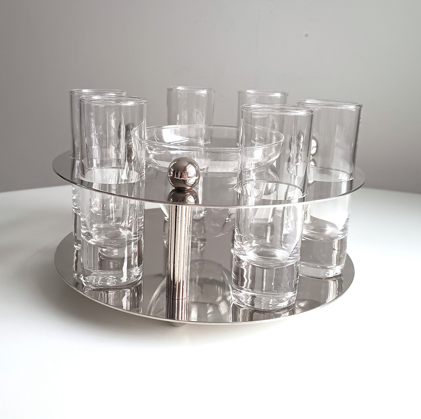 Midcentury Modernist Silver Plate Caviar Server & Crystal Shot Glasses, Midcentury France