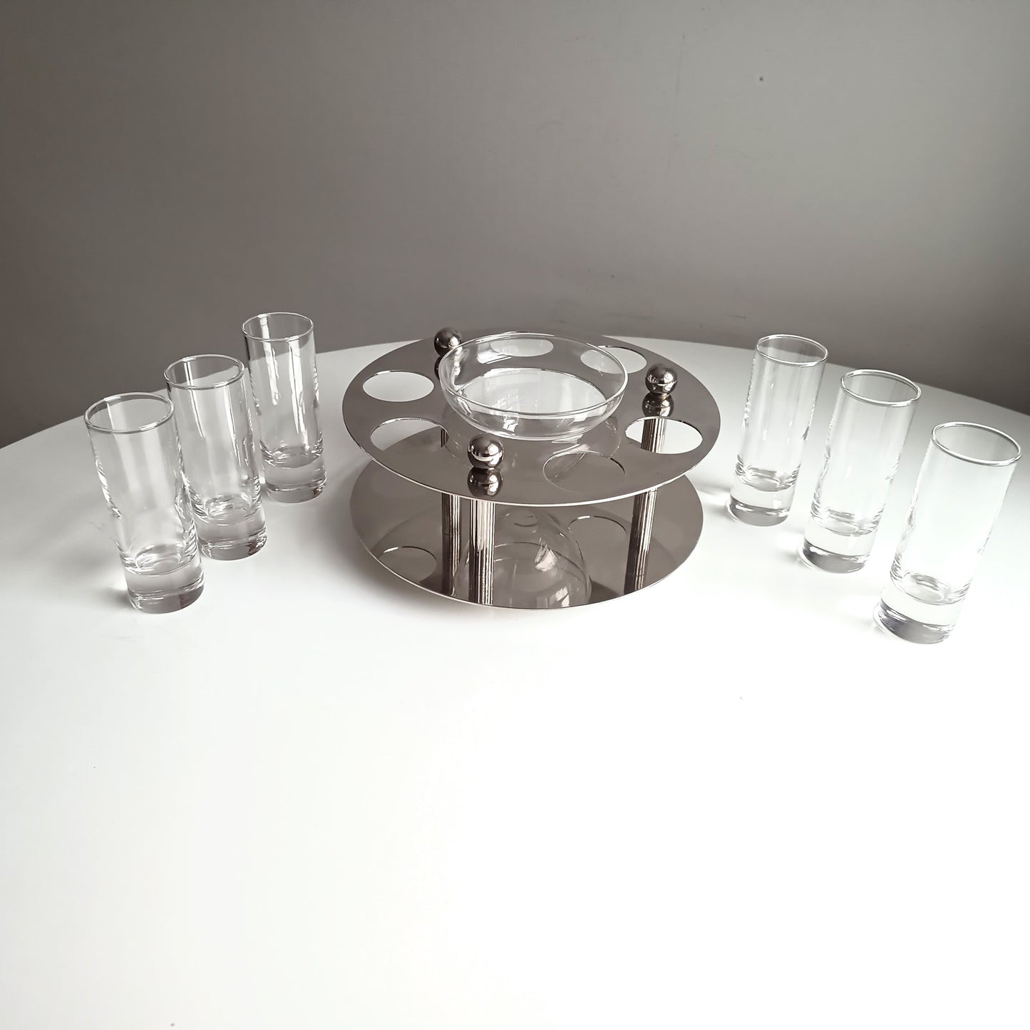 Midcentury Modernist Silver Plate Caviar Server & Crystal Shot Glasses, Midcentury France