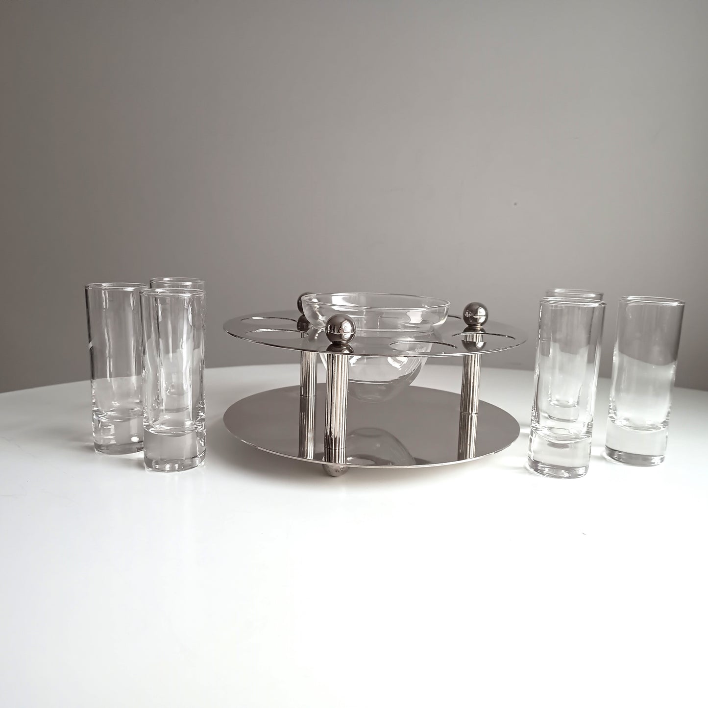Midcentury Modernist Silver Plate Caviar Server & Crystal Shot Glasses, Midcentury France