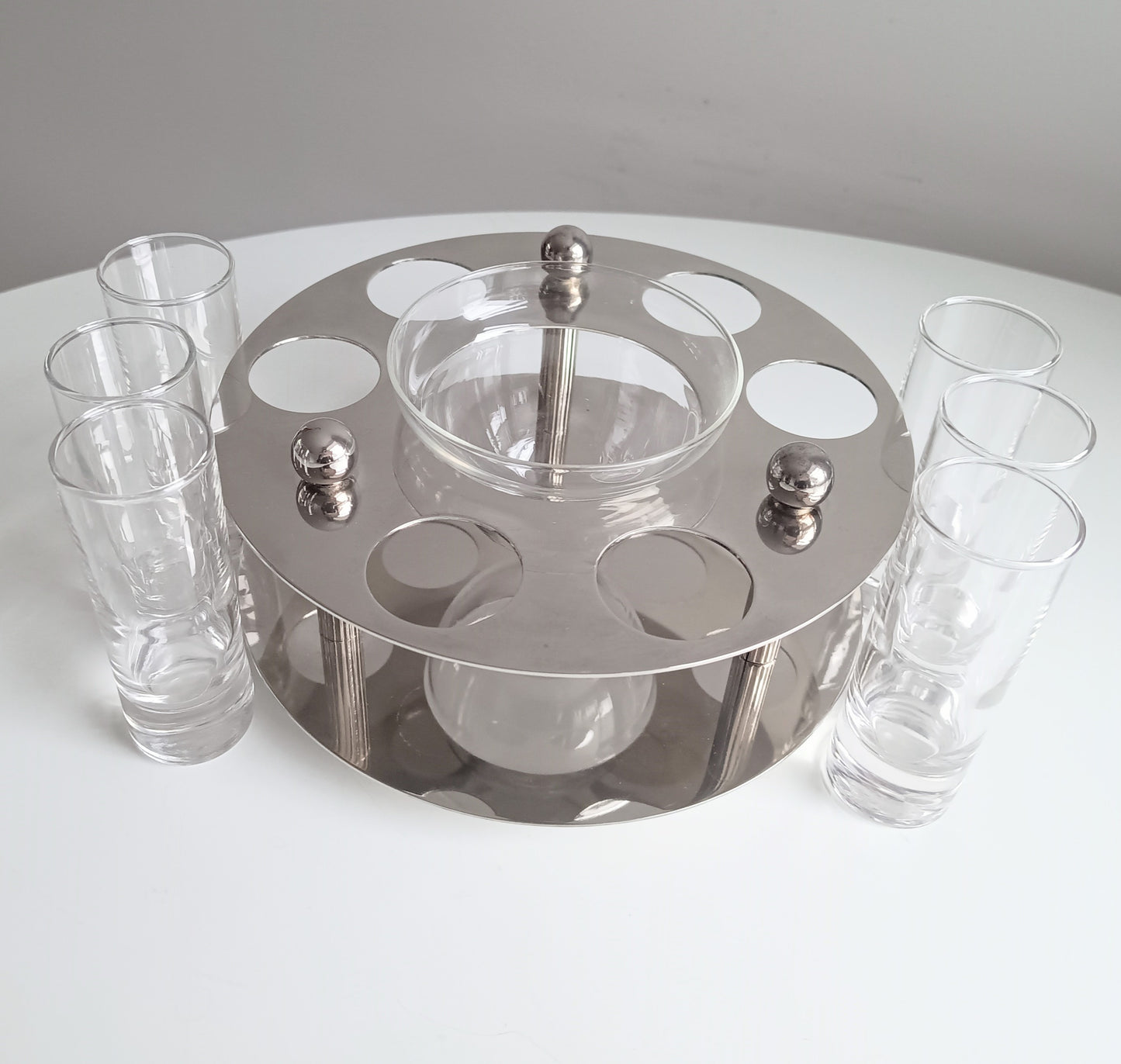 Midcentury Modernist Silver Plate Caviar Server & Crystal Shot Glasses, Midcentury France
