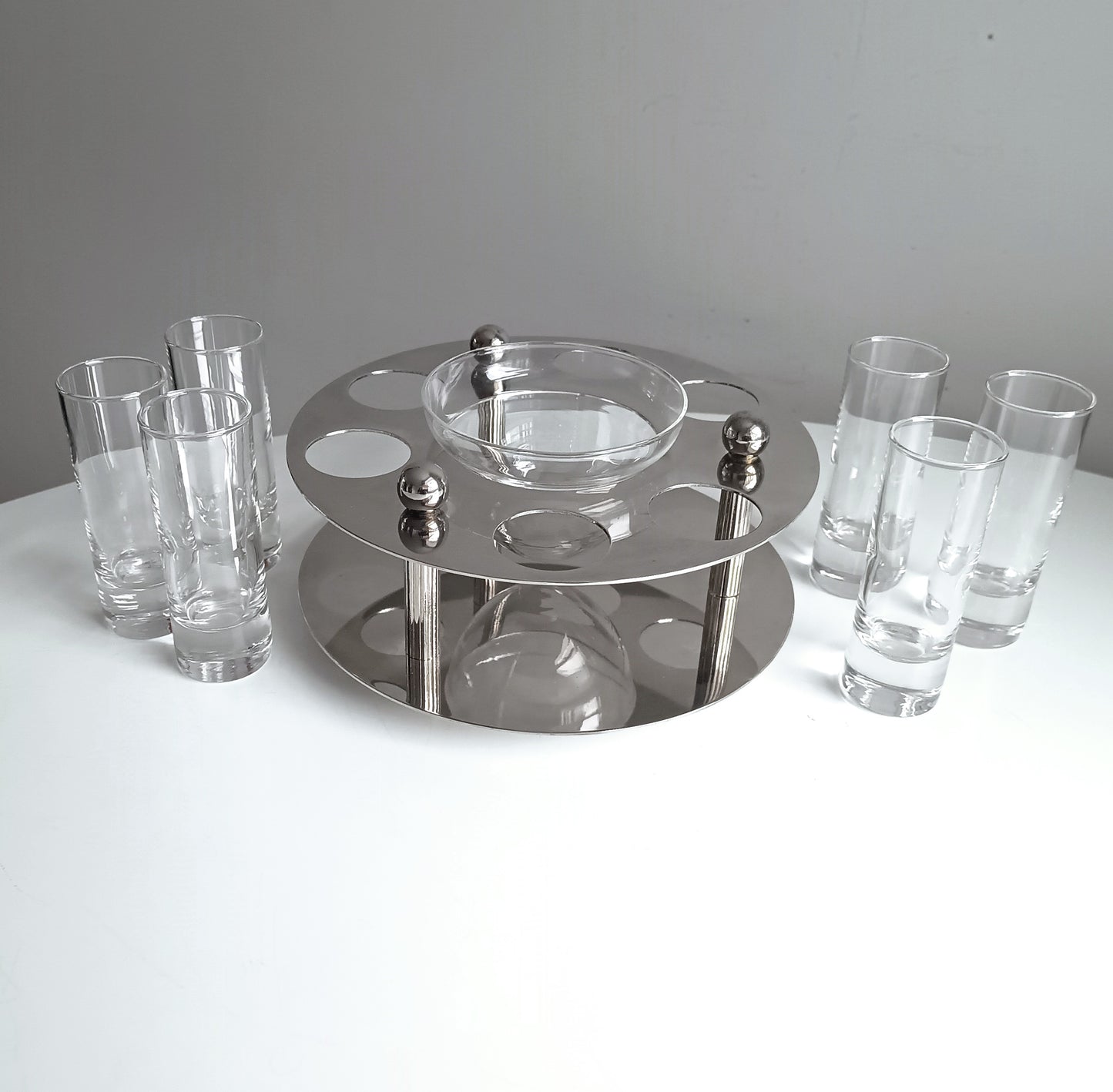 Midcentury Modernist Silver Plate Caviar Server & Crystal Shot Glasses, Midcentury France