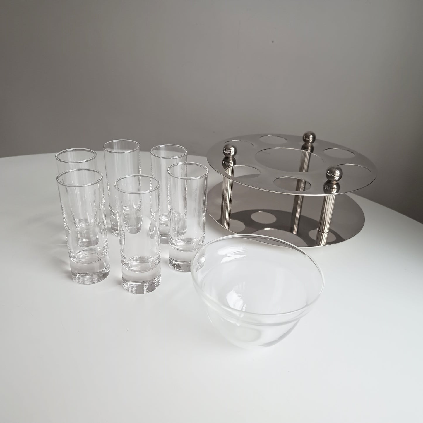 Midcentury Modernist Silver Plate Caviar Server & Crystal Shot Glasses, Midcentury France