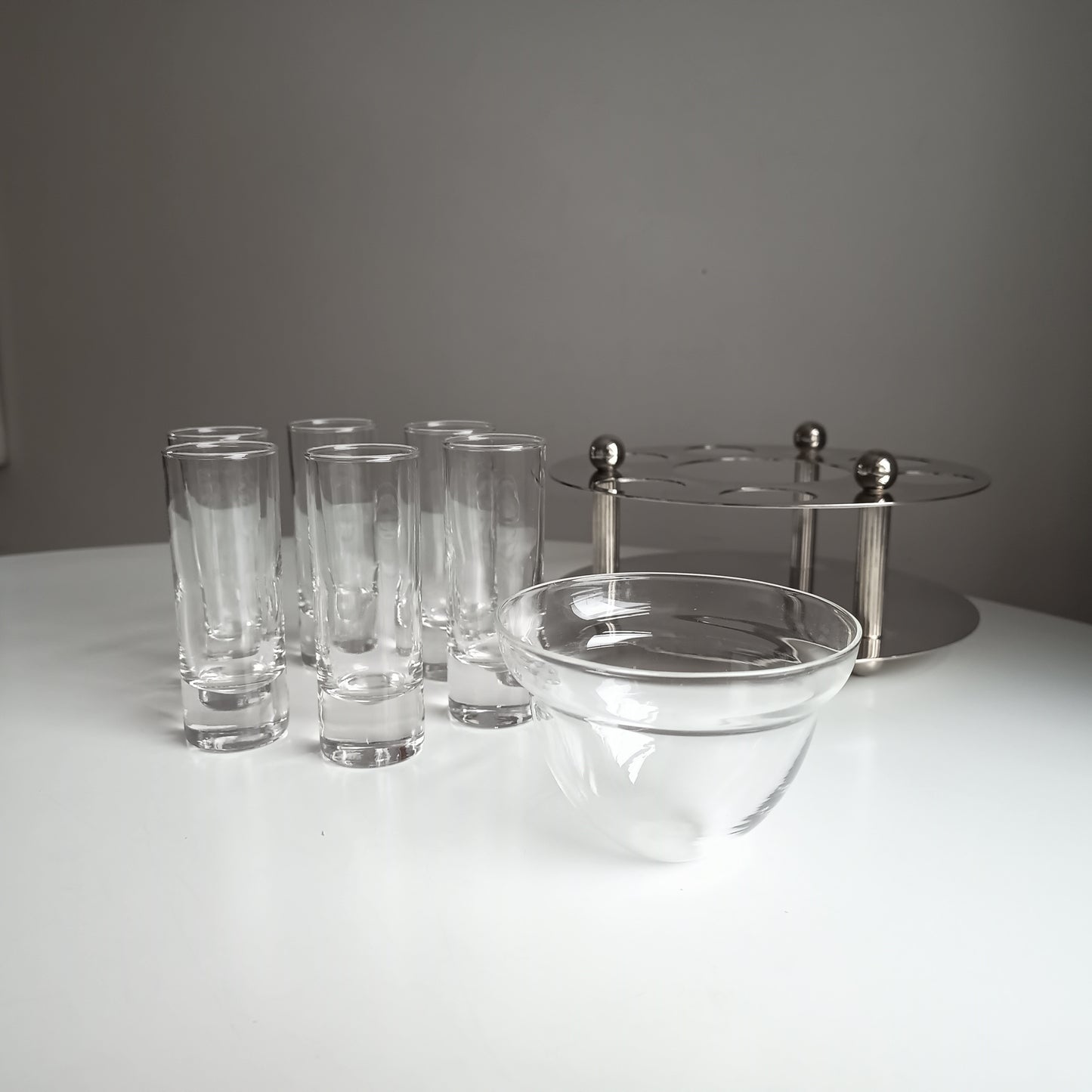 Midcentury Modernist Silver Plate Caviar Server & Crystal Shot Glasses, Midcentury France