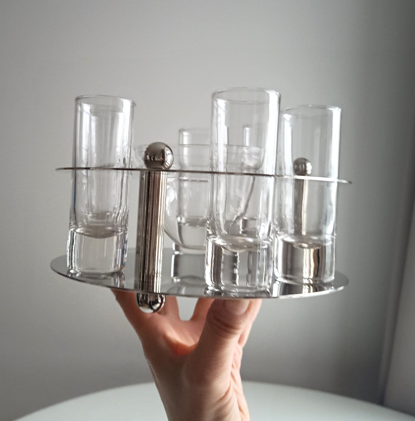 Midcentury Modernist Silver Plate Caviar Server & Crystal Shot Glasses, Midcentury France
