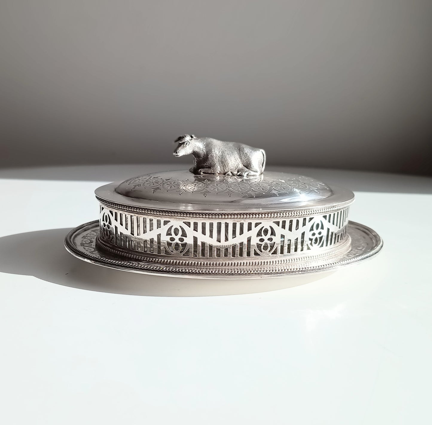 Victorian Novelty Zoomorphic Cow Silver Plate Butter Serving Dish: Martin Hall, Sheffield 1860
