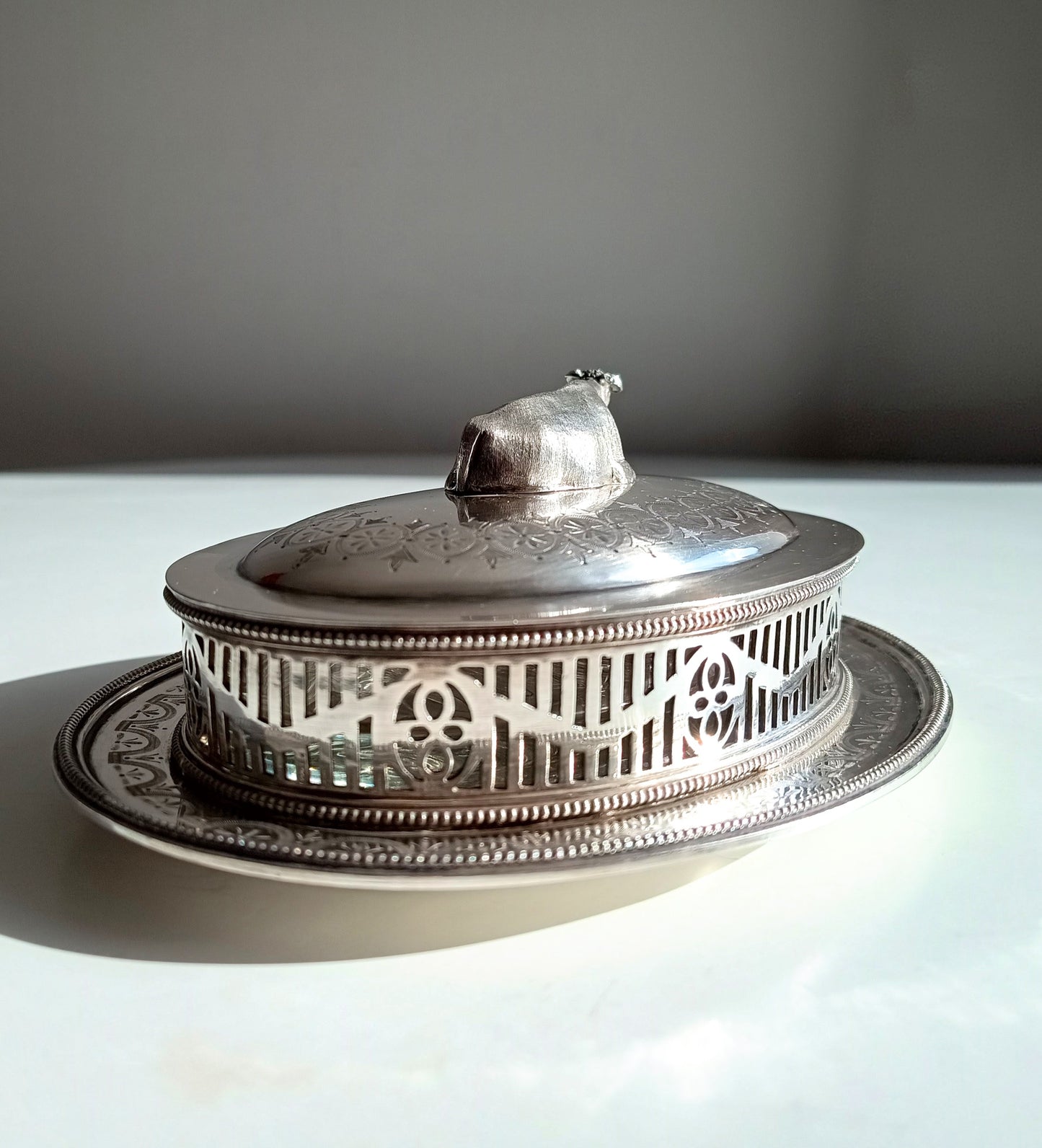 Victorian Novelty Zoomorphic Cow Silver Plate Butter Serving Dish: Martin Hall, Sheffield 1860