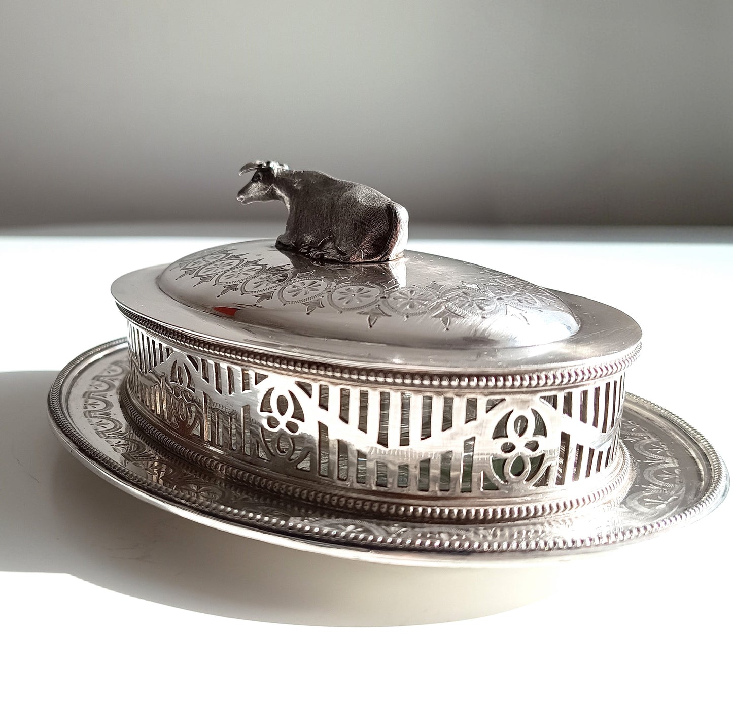Victorian Novelty Zoomorphic Cow Silver Plate Butter Serving Dish: Martin Hall, Sheffield 1860