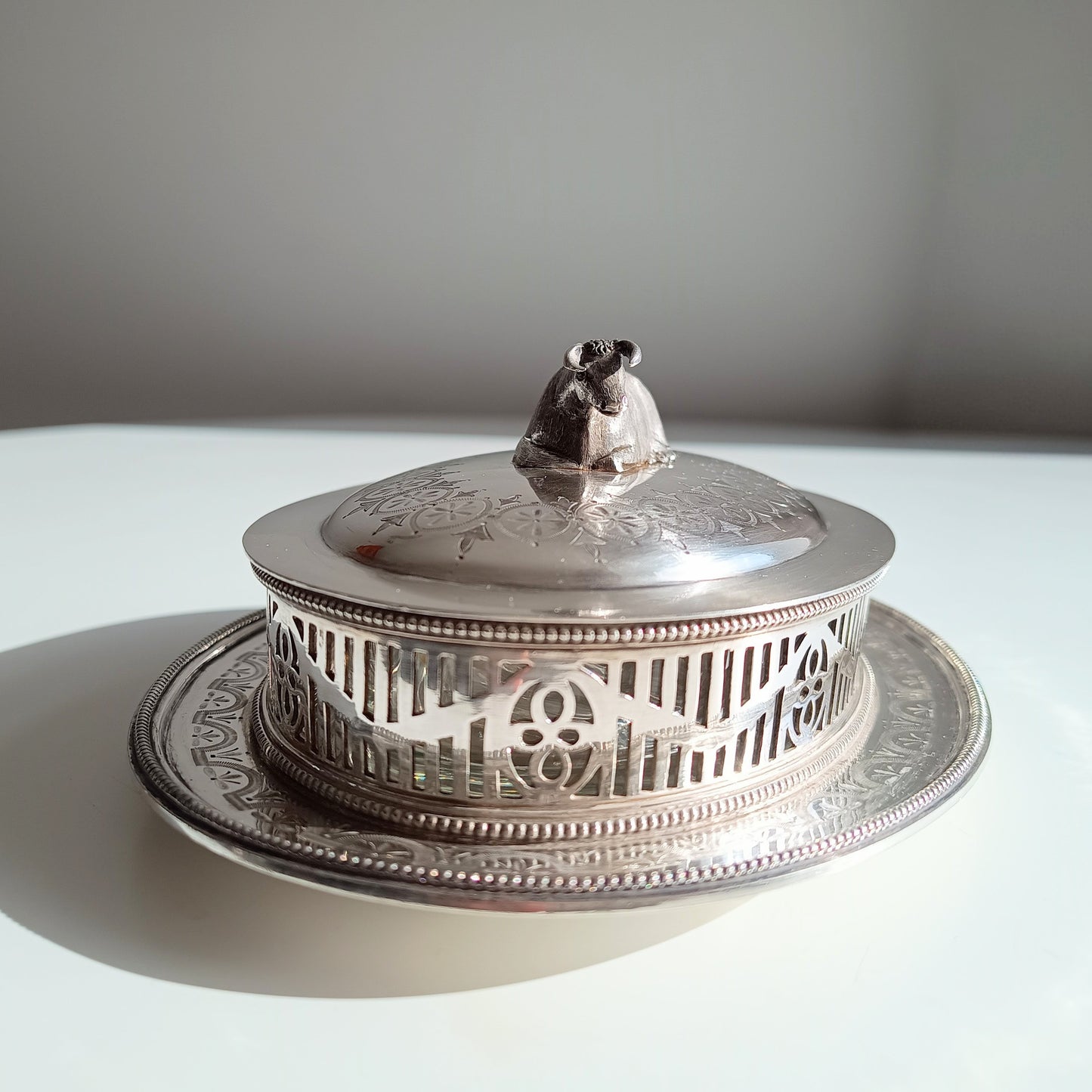 Victorian Novelty Zoomorphic Cow Silver Plate Butter Serving Dish: Martin Hall, Sheffield 1860