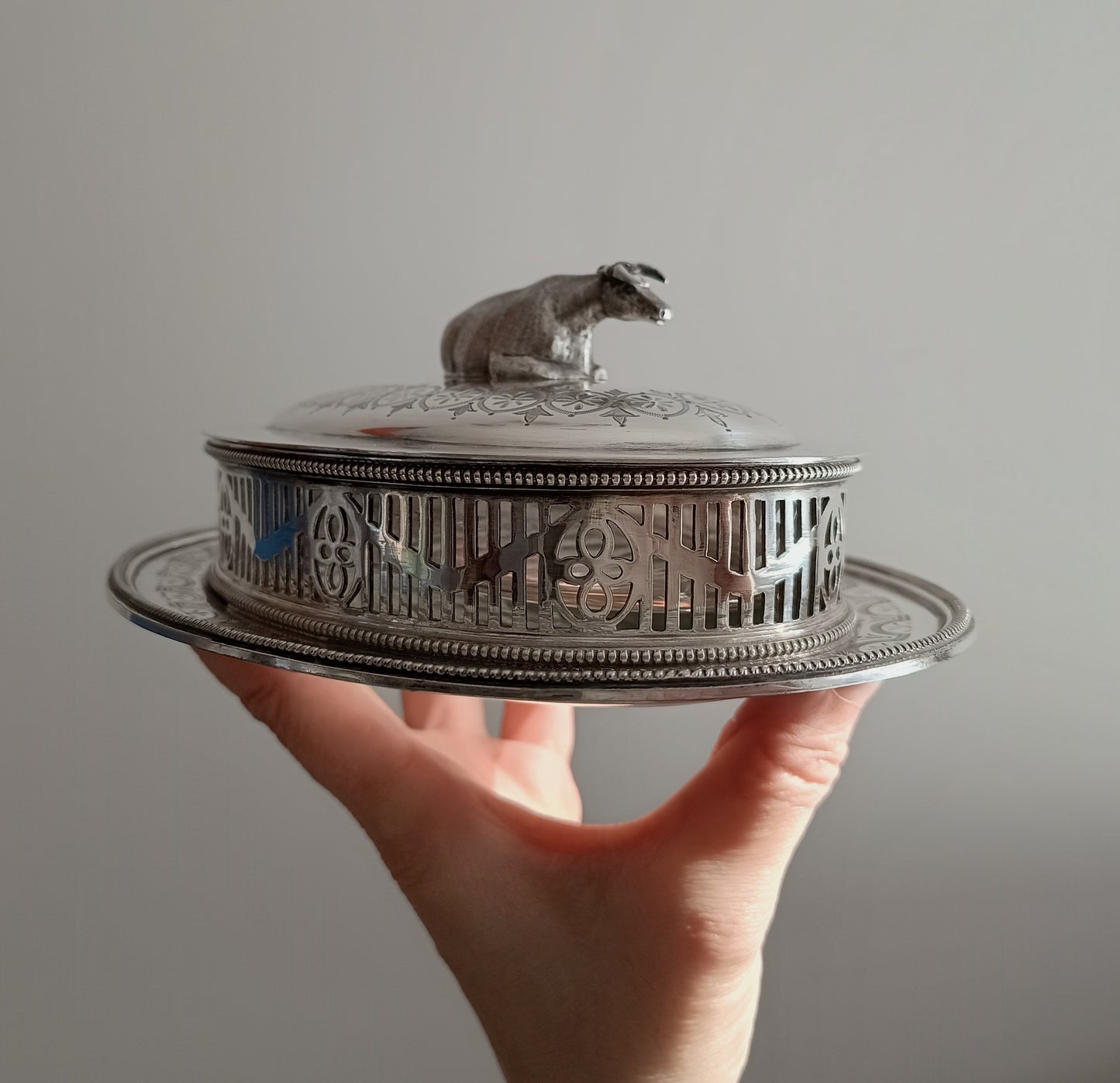 Victorian Novelty Zoomorphic Cow Silver Plate Butter Serving Dish: Martin Hall, Sheffield 1860
