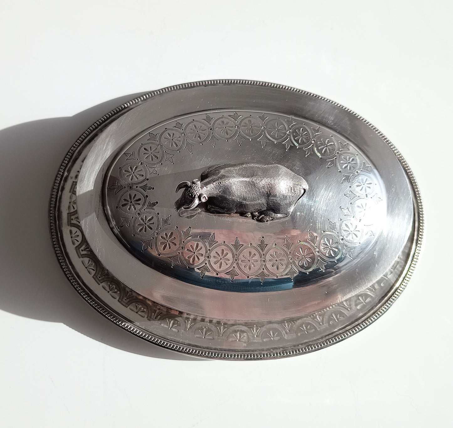 Victorian Novelty Zoomorphic Cow Silver Plate Butter Serving Dish: Martin Hall, Sheffield 1860