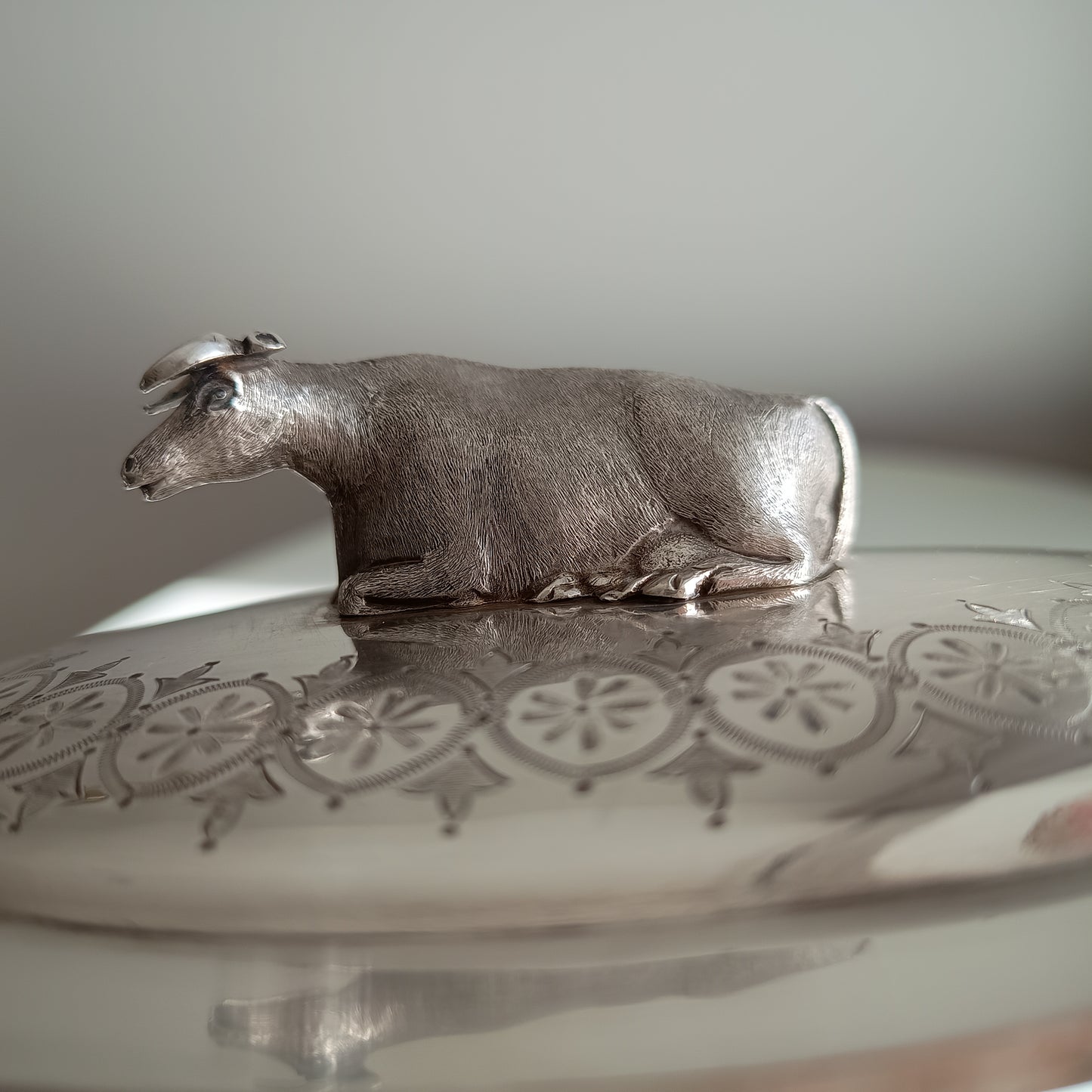 Victorian Novelty Zoomorphic Cow Silver Plate Butter Serving Dish: Martin Hall, Sheffield 1860