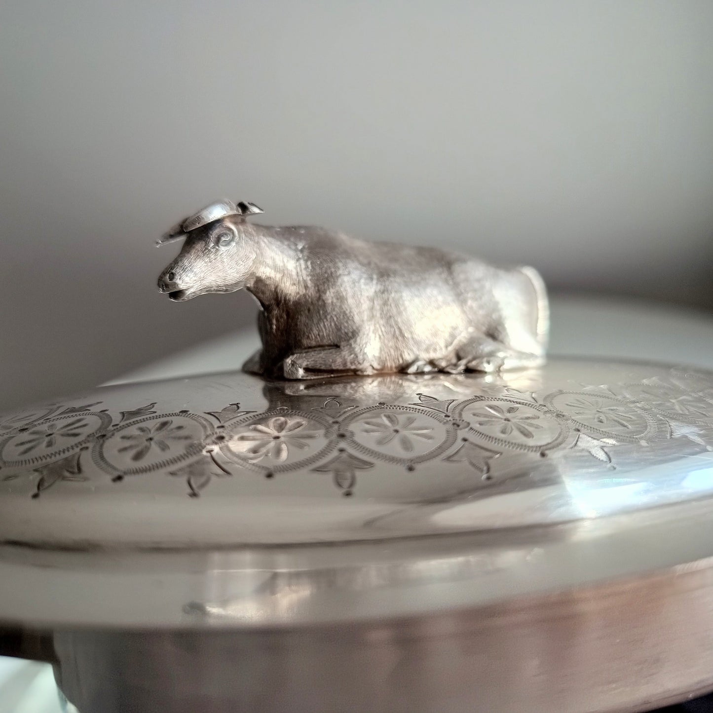Victorian Novelty Zoomorphic Cow Silver Plate Butter Serving Dish: Martin Hall, Sheffield 1860