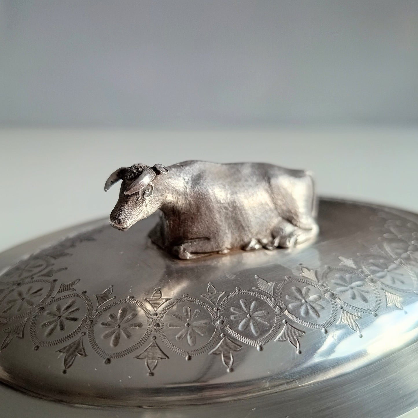 Victorian Novelty Zoomorphic Cow Silver Plate Butter Serving Dish: Martin Hall, Sheffield 1860