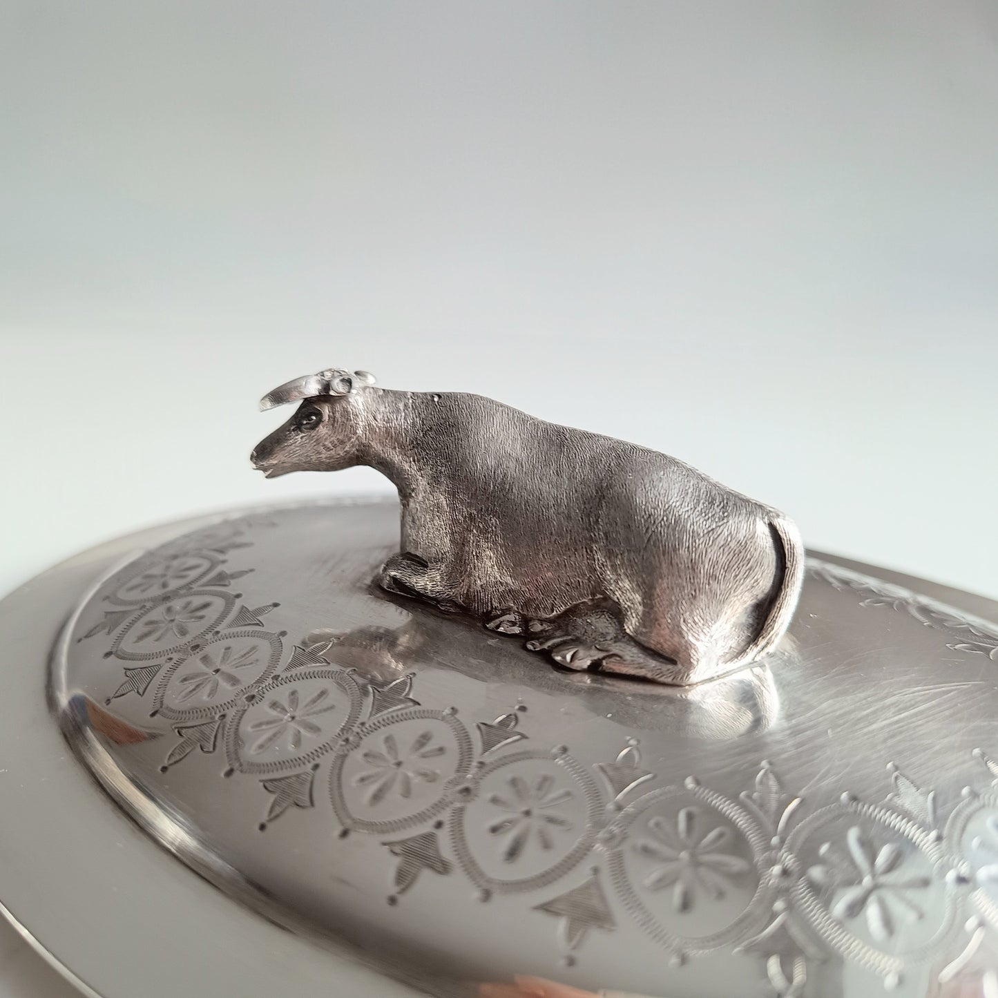 Victorian Novelty Zoomorphic Cow Silver Plate Butter Serving Dish: Martin Hall, Sheffield 1860