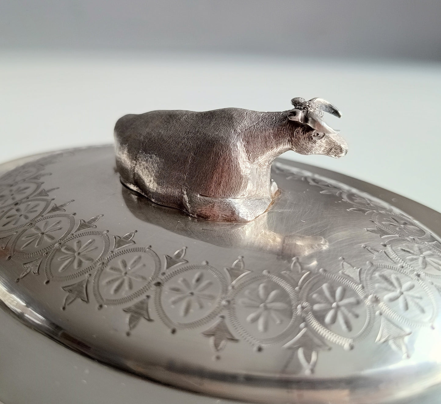 Victorian Novelty Zoomorphic Cow Silver Plate Butter Serving Dish: Martin Hall, Sheffield 1860