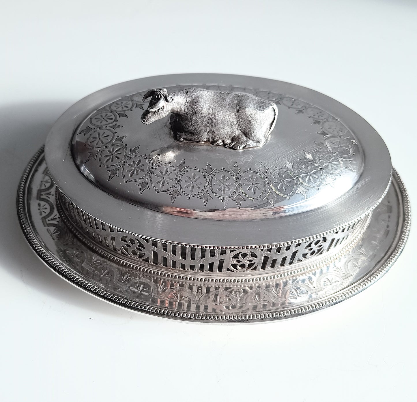 Victorian Novelty Zoomorphic Cow Silver Plate Butter Serving Dish: Martin Hall, Sheffield 1860