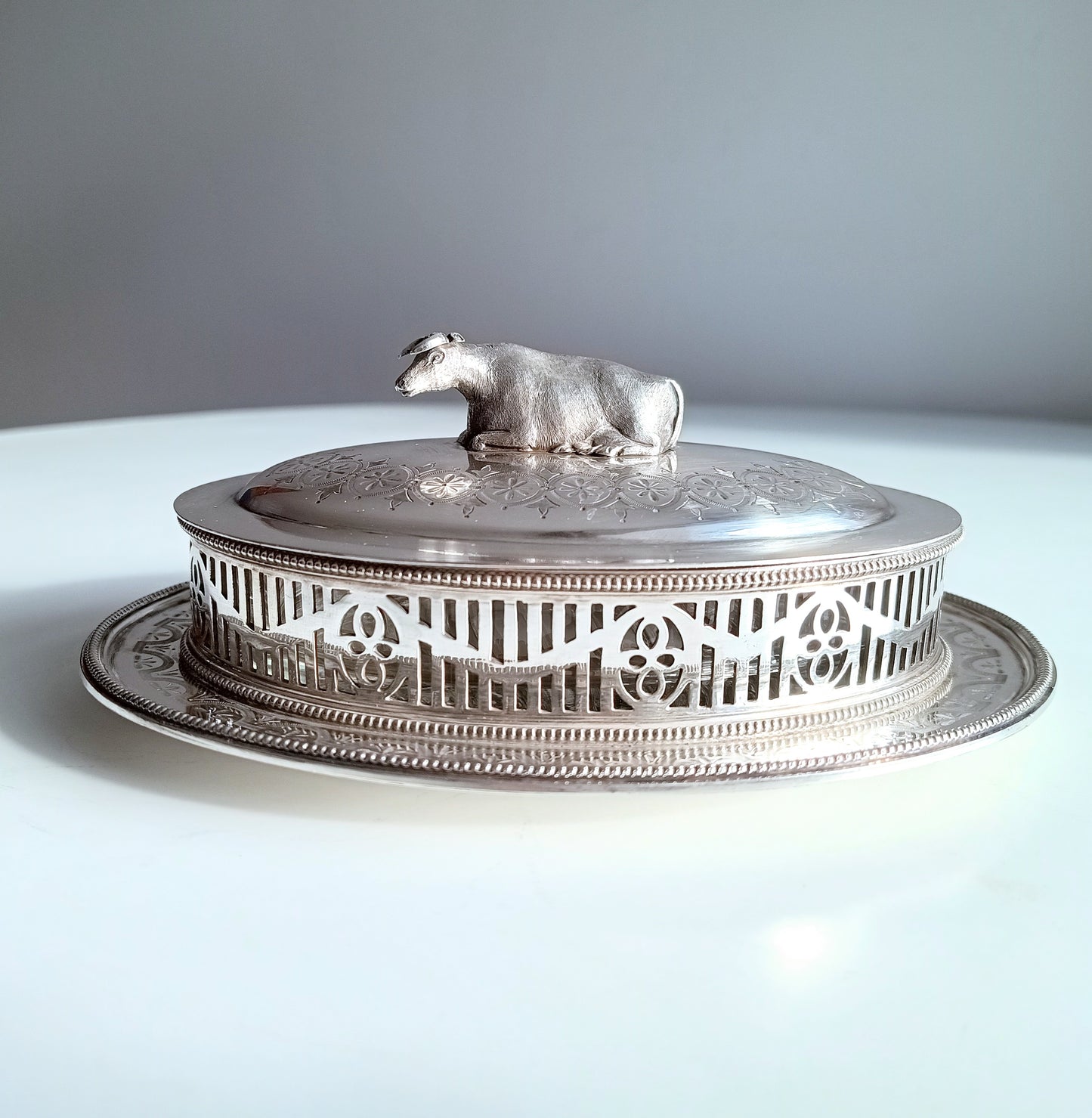 Victorian Novelty Zoomorphic Cow Silver Plate Butter Serving Dish: Martin Hall, Sheffield 1860