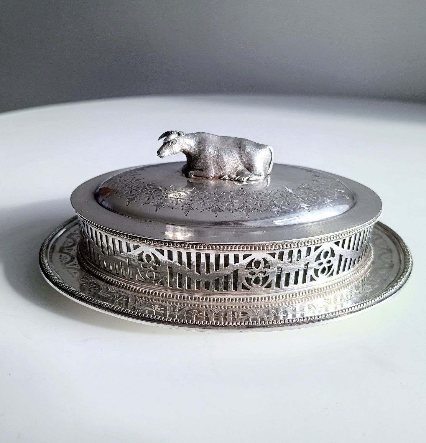 Victorian Novelty Zoomorphic Cow Silver Plate Butter Serving Dish: Martin Hall, Sheffield 1860