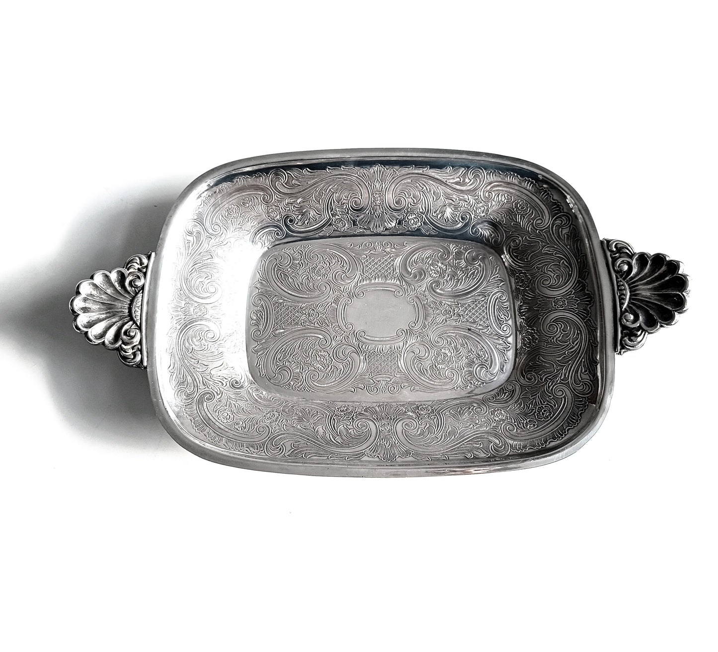 Vintage Silver on Copper Bread & Pastry Serving Tray: Shell Shaped Handles, G Butler, 1900s